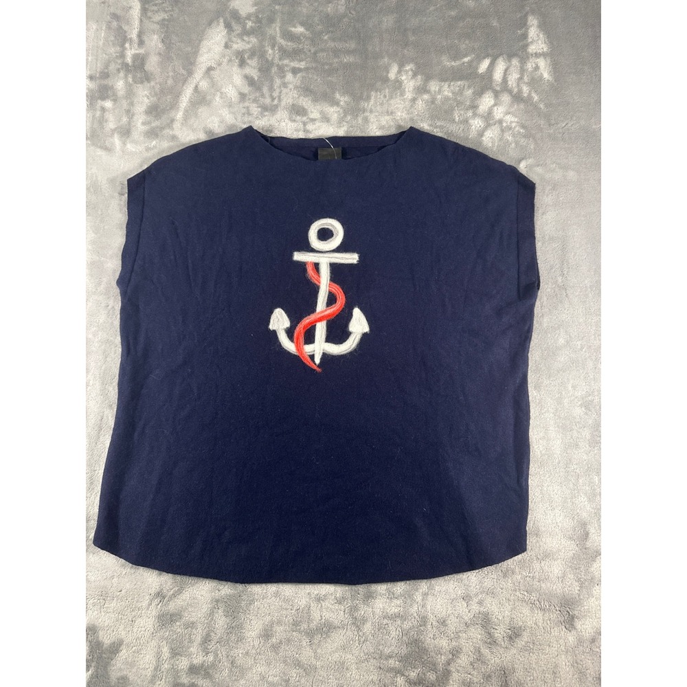 Aaeda Womens Navy Blue Nautical Anchor Embroidered‎ Knit Top Short Sleeve Large